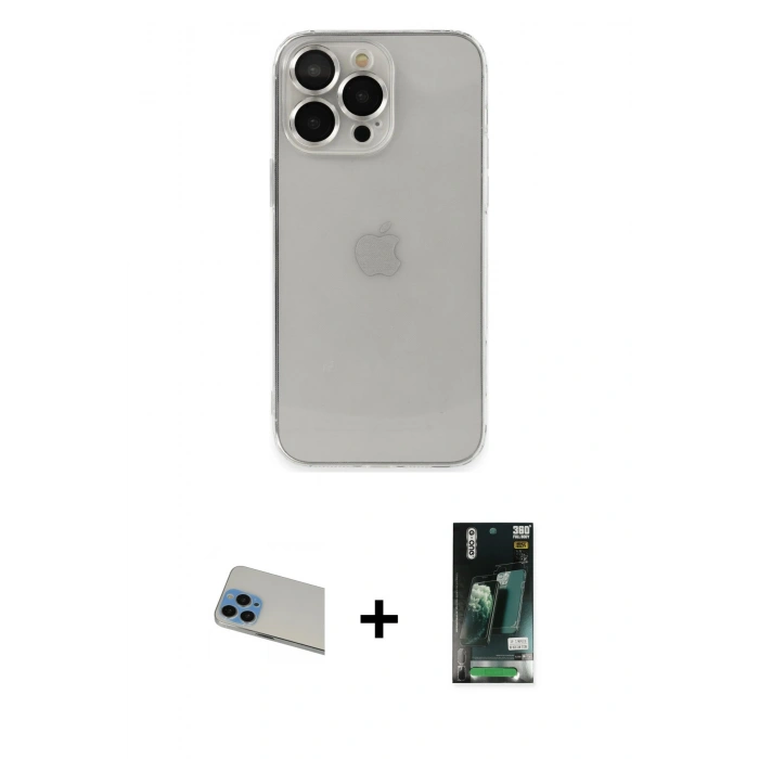 MARSİLYAN™- iPhone 13 Pro Max Kılıf Ufuk Minimal Özel Seri - Şeffaf 360 Full Body Arka Koruyucu + Rainbow Kamera Lens Koruma Cam - MI