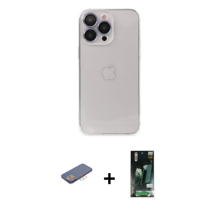 MARSİLYAN™- iPhone 13 Pro Max Kılıf Ufuk Minimal Özel Seri - Şeffaf 360 Full Body Arka Koruyucu + Renkli Kamera Lens Koruma Cam - PE
