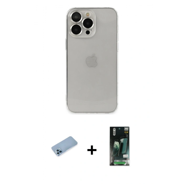 MARSİLYAN™- iPhone 13 Pro Max Kılıf Ufuk Minimal Özel Seri - Şeffaf 360 Full Body Arka Koruyucu + Shine Kamera Lens Koruma Cam - MI