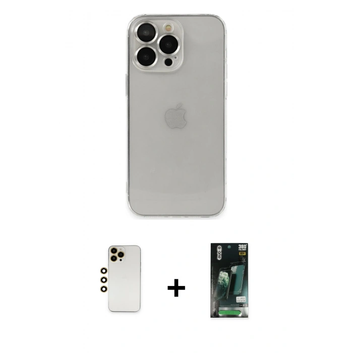 MARSİLYAN™- iPhone 13 Pro Max Kılıf Ufuk Minimal Özel Seri - Şeffaf 360 Full Body Arka Koruyucu + Shine Kamera Lens - GD