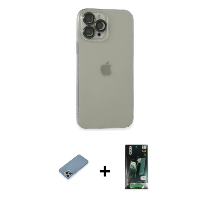 MARSİLYAN™- iPhone 13 Pro Max Kılıf Ufuk Minimal Özel Seri - Şeffaf 360 Full Body Arka Koruyucu + Shine Kamera Lens Koruma Cam - GI