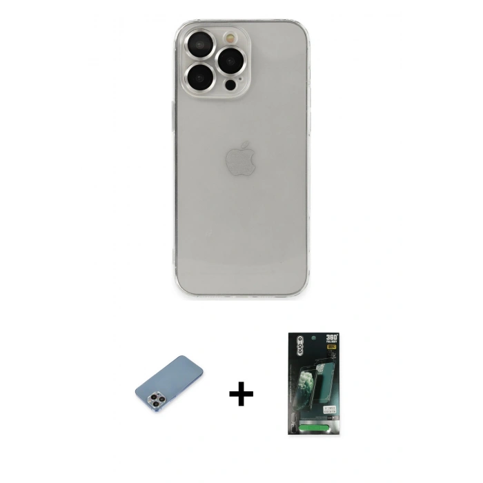 MARSİLYAN™- iPhone 13 Pro Max Kılıf Ufuk Minimal Özel Seri - Şeffaf 360 Full Body Arka Koruyucu + Shine Kamera Lens Koruma Cam - GI