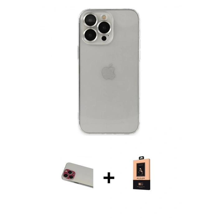 MARSİLYAN™- iPhone 13 Pro Max Kılıf Ufuk Minimal Özel Seri - Şeffaf Maxco Cam Ekran Koruyucu + Kırmızı Rainbow Kamera Lens Koruma Cam