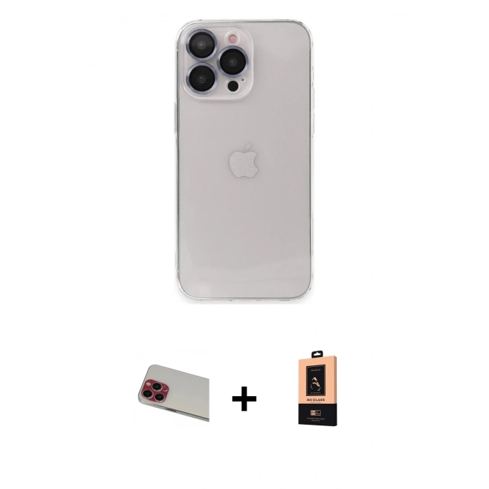 MARSİLYAN™- iPhone 13 Pro Max Kılıf Ufuk Minimal Özel Seri - Şeffaf Maxco Cam Ekran Koruyucu + Kırmızı Rainbow Kamera Lens Koruma Cam