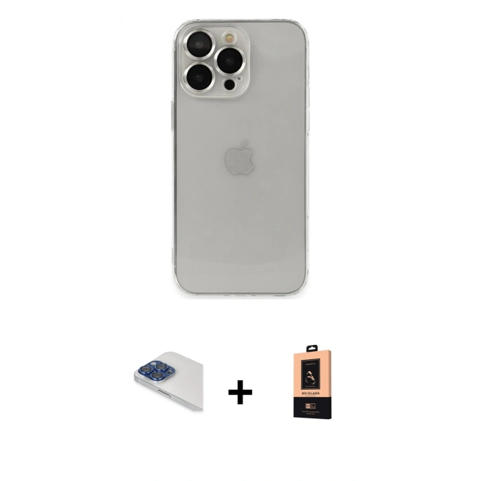 MARSİLYAN™- iPhone 13 Pro Max Kılıf Ufuk Minimal Özel Seri - Şeffaf Maxco Cam Ekran Koruyucu + Lacivert Pers Alüminyum Kamera Lens