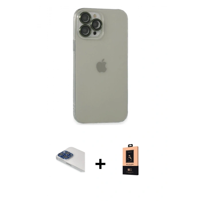 MARSİLYAN™- iPhone 13 Pro Max Kılıf Ufuk Minimal Özel Seri - Şeffaf Maxco Cam Ekran Koruyucu + Lacivert Pers Alüminyum Kamera Lens