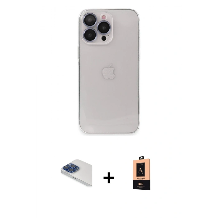 MARSİLYAN™- iPhone 13 Pro Max Kılıf Ufuk Minimal Özel Seri - Şeffaf Maxco Cam Ekran Koruyucu + Lacivert Pers Alüminyum Kamera Lens