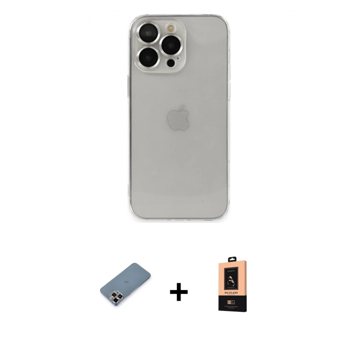 MARSİLYAN™- iPhone 13 Pro Max Kılıf Ufuk Minimal Özel Seri - Şeffaf Maxco Cam Ekran Koruyucu + Mor Metal Kamera Lens Koruma Cam