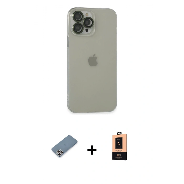 MARSİLYAN™- iPhone 13 Pro Max Kılıf Ufuk Minimal Özel Seri - Şeffaf Maxco Cam Ekran Koruyucu + Mor Metal Kamera Lens Koruma Cam