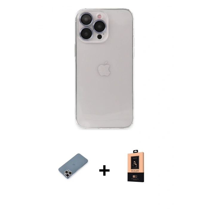 MARSİLYAN™- iPhone 13 Pro Max Kılıf Ufuk Minimal Özel Seri - Şeffaf Maxco Cam Ekran Koruyucu + Mor Metal Kamera Lens Koruma Cam