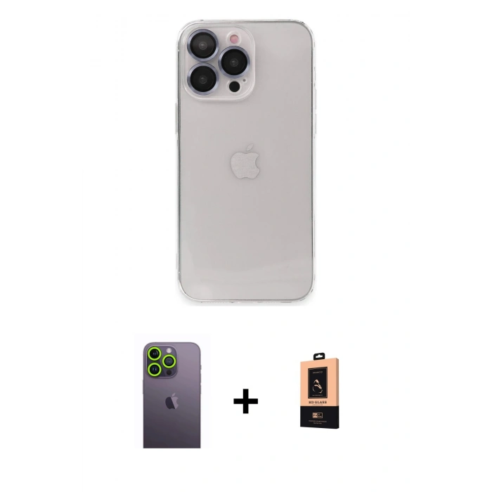 MARSİLYAN™- iPhone 13 Pro Max Kılıf Ufuk Minimal Özel Seri - Şeffaf Maxco Cam Ekran Koruyucu + Neon Fosforlu Kamera Lens - YL