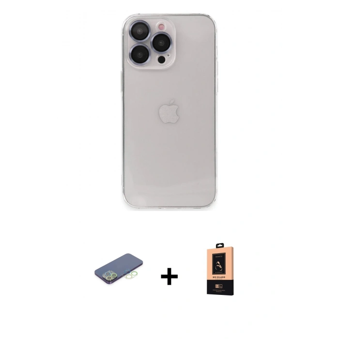 MARSİLYAN™- iPhone 13 Pro Max Kılıf Ufuk Minimal Özel Seri - Şeffaf Maxco Cam Ekran Koruyucu + Yeşil Renkli Kamera Lens Koruma Cam