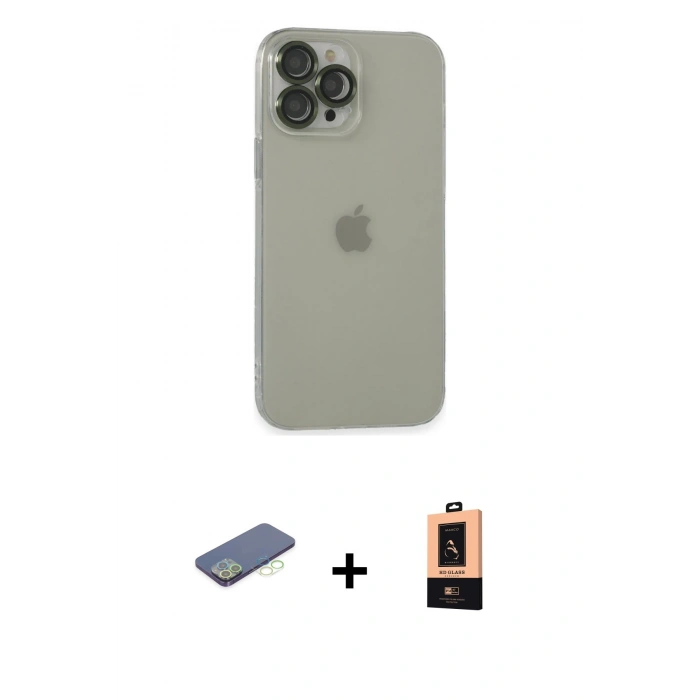 MARSİLYAN™- iPhone 13 Pro Max Kılıf Ufuk Minimal Özel Seri - Şeffaf Maxco Cam Ekran Koruyucu + Yeşil Renkli Kamera Lens Koruma Cam