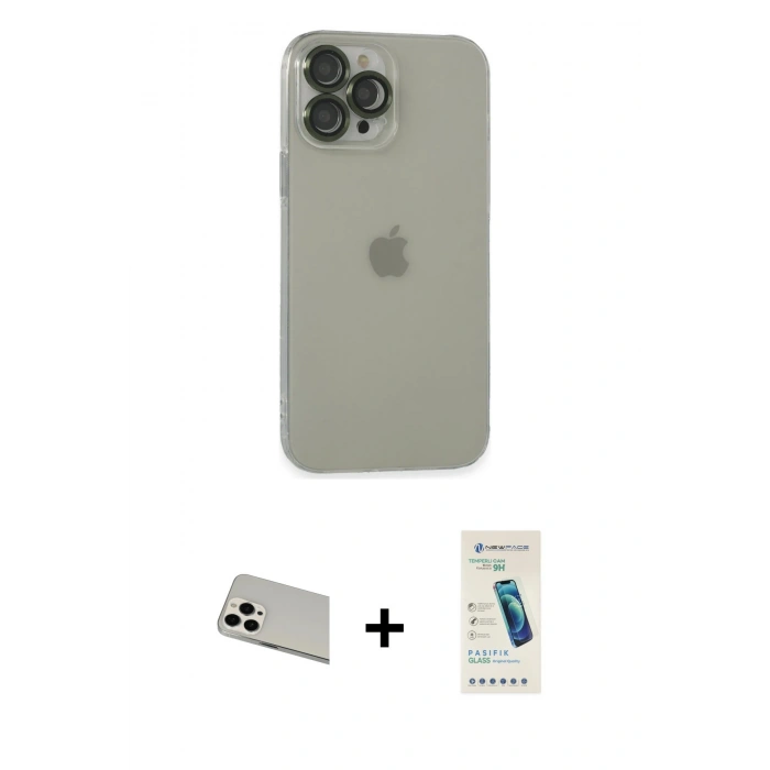MARSİLYAN™- iPhone 13 Pro Max Kılıf Ufuk Minimal Özel Seri - Şeffaf Pasifik Cam Ekran Koruyucu + Beyaz Rainbow Kamera Lens Koruma Cam