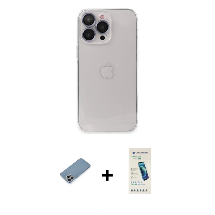MARSİLYAN™- iPhone 13 Pro Max Kılıf Ufuk Minimal Özel Seri - Şeffaf Pasifik Cam Ekran Koruyucu + Shine Kamera Lens Koruma Cam - GI