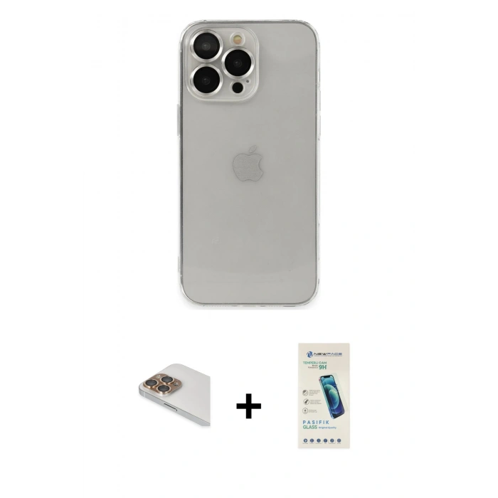MARSİLYAN™- iPhone 13 Pro Max Kılıf Ufuk Minimal Özel Seri - Şeffaf Pasifik Cam Ekran Koruyucu + Pers Alüminyum Kamera Lens - GD
