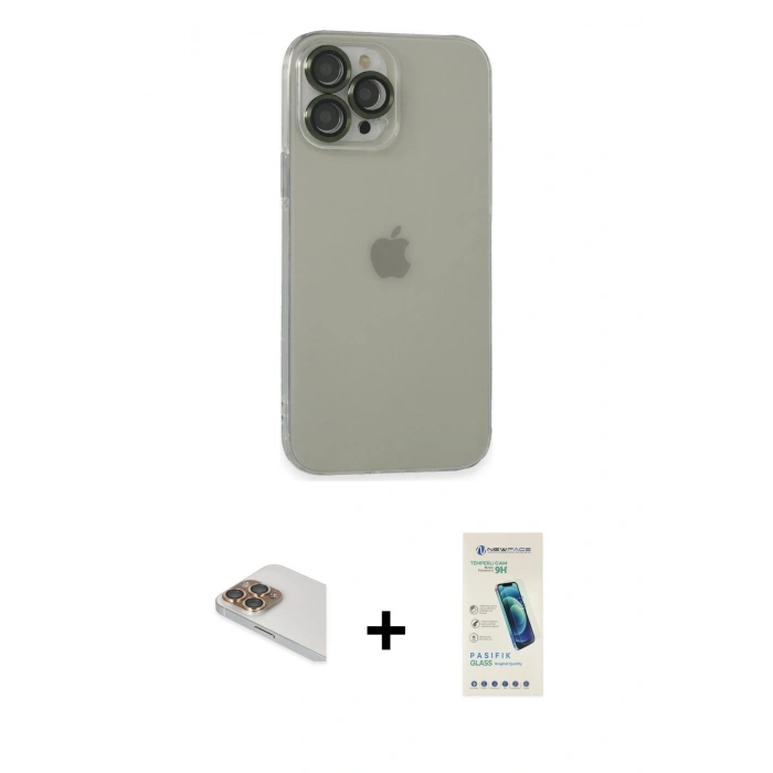 MARSİLYAN™- iPhone 13 Pro Max Kılıf Ufuk Minimal Özel Seri - Şeffaf Pasifik Cam Ekran Koruyucu + Pers Alüminyum Kamera Lens - GD