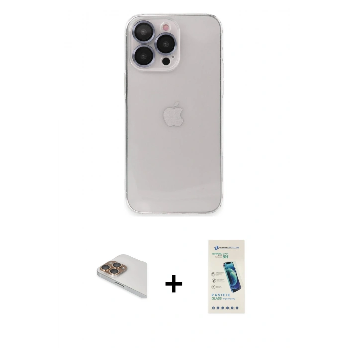 MARSİLYAN™- iPhone 13 Pro Max Kılıf Ufuk Minimal Özel Seri - Şeffaf Pasifik Cam Ekran Koruyucu + Pers Alüminyum Kamera Lens - GD
