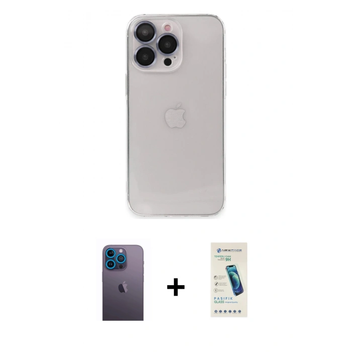 MARSİLYAN™- iPhone 13 Pro Max Kılıf Ufuk Minimal Özel Seri - Şeffaf Pasifik Cam Ekran Koruyucu + Neon Fosforlu Kamera Lens - MI
