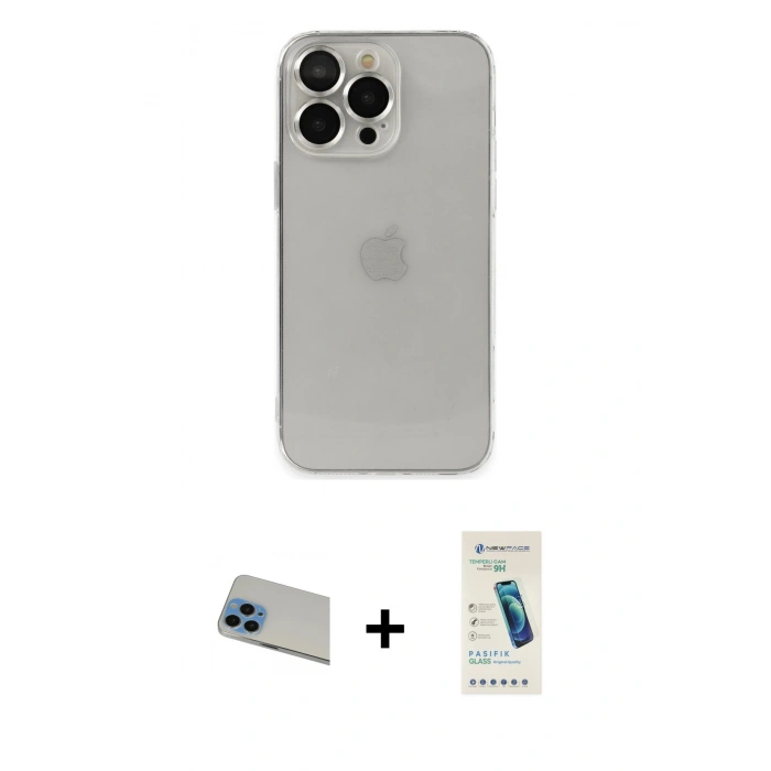 MARSİLYAN™- iPhone 13 Pro Max Kılıf Ufuk Minimal Özel Seri - Şeffaf Pasifik Cam Ekran Koruyucu + Rainbow Kamera Lens Koruma Cam - MI