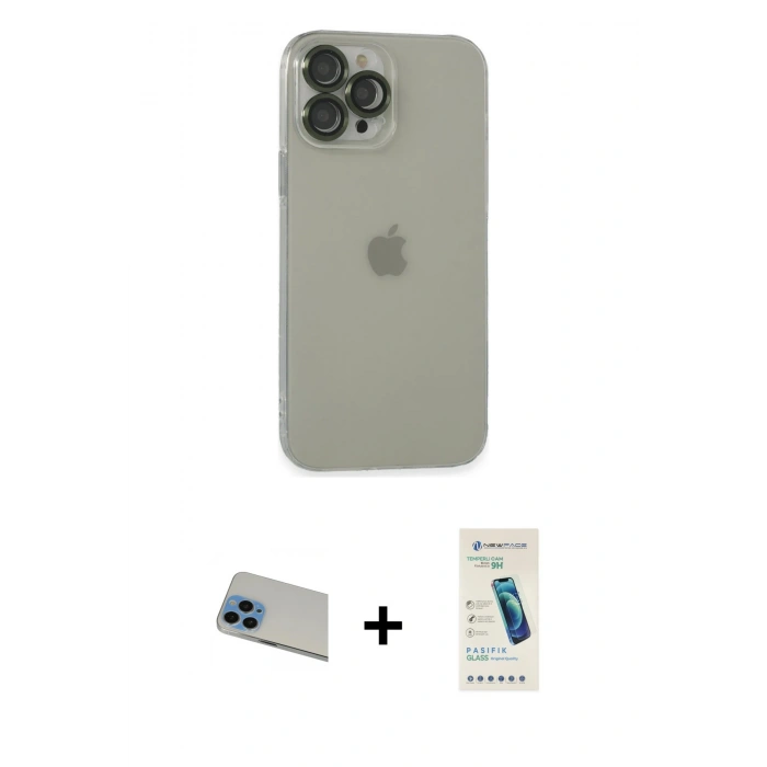 MARSİLYAN™- iPhone 13 Pro Max Kılıf Ufuk Minimal Özel Seri - Şeffaf Pasifik Cam Ekran Koruyucu + Rainbow Kamera Lens Koruma Cam - MI