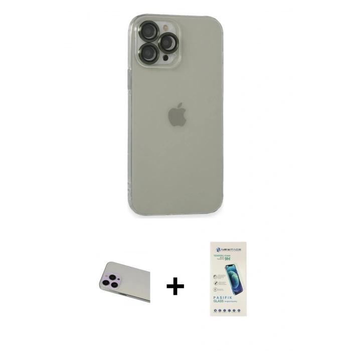 MARSİLYAN™- iPhone 13 Pro Max Kılıf Ufuk Minimal Özel Seri - Şeffaf Pasifik Cam Ekran Koruyucu + Rainbow Kamera Lens Koruma Cam - MR