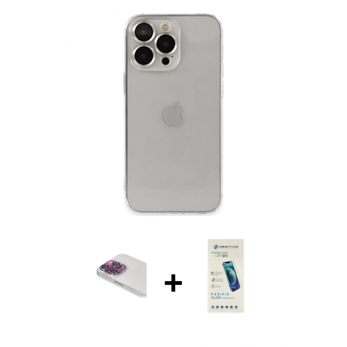 MARSİLYAN™- iPhone 13 Pro Max Kılıf Ufuk Minimal Özel Seri - Şeffaf Pasifik Cam Ekran Koruyucu + Pers Alüminyum Kamera Lens - GI