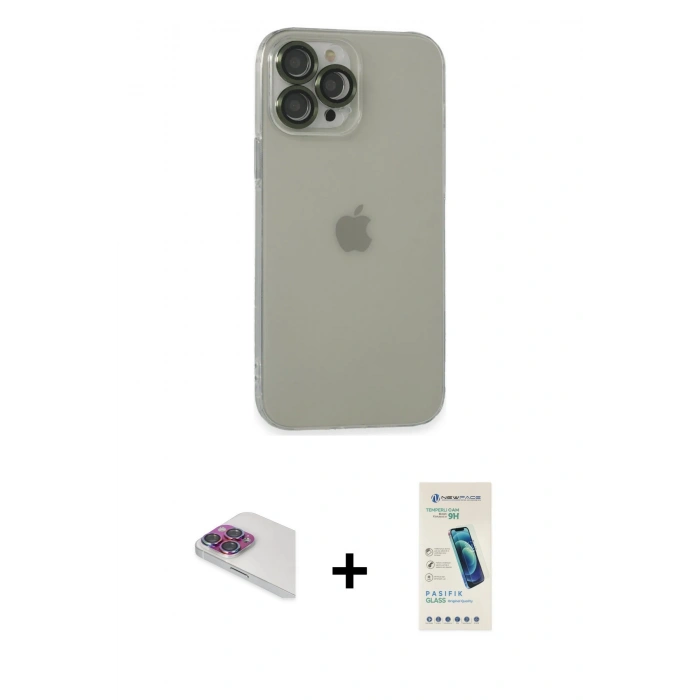 MARSİLYAN™- iPhone 13 Pro Max Kılıf Ufuk Minimal Özel Seri - Şeffaf Pasifik Cam Ekran Koruyucu + Pers Alüminyum Kamera Lens - GI