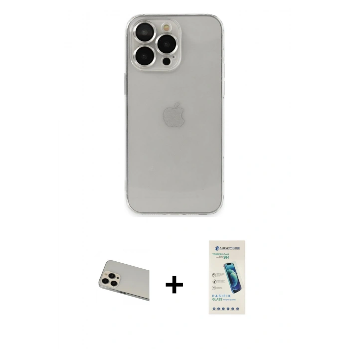 MARSİLYAN™- iPhone 13 Pro Max Kılıf Ufuk Minimal Özel Seri - Şeffaf Pasifik Cam Ekran Koruyucu + Rainbow Kamera Lens Koruma Cam - REGD