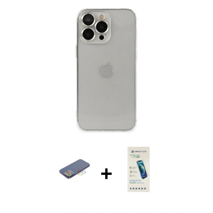 MARSİLYAN™- iPhone 13 Pro Max Kılıf Ufuk Minimal Özel Seri - Şeffaf Pasifik Cam Ekran Koruyucu + Renkli Kamera Lens Koruma Cam - MI
