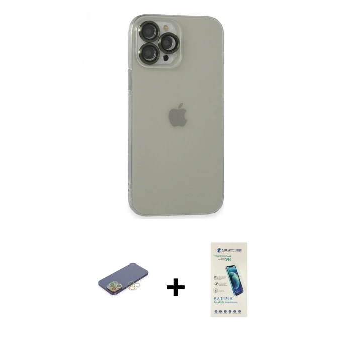 MARSİLYAN™- iPhone 13 Pro Max Kılıf Ufuk Minimal Özel Seri - Şeffaf Pasifik Cam Ekran Koruyucu + Renkli Kamera Lens Koruma Cam - SI