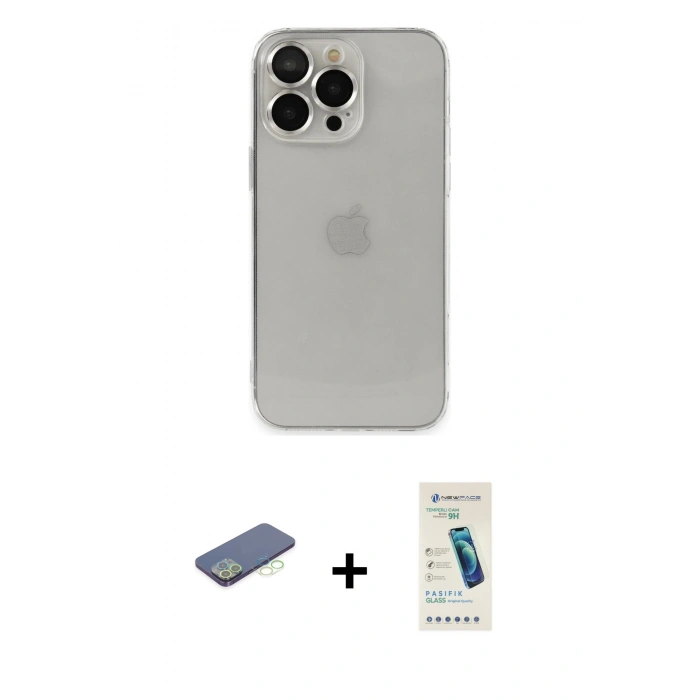 MARSİLYAN™- iPhone 13 Pro Max Kılıf Ufuk Minimal Özel Seri - Şeffaf Pasifik Cam Ekran Koruyucu + Renkli Kamera Lens Koruma Cam - YL