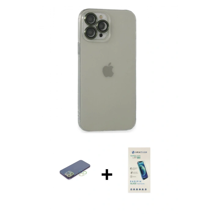 MARSİLYAN™- iPhone 13 Pro Max Kılıf Ufuk Minimal Özel Seri - Şeffaf Pasifik Cam Ekran Koruyucu + Renkli Kamera Lens Koruma Cam - YL