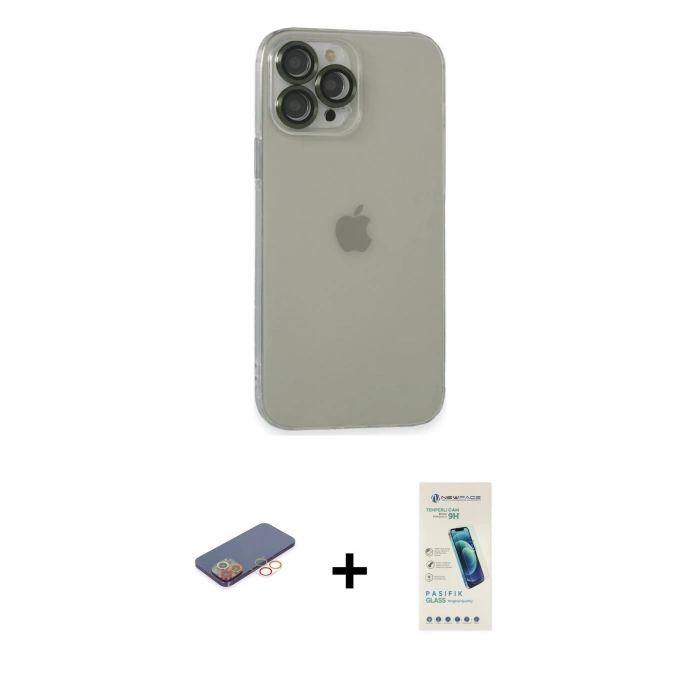 MARSİLYAN™- iPhone 13 Pro Max Kılıf Ufuk Minimal Özel Seri - Şeffaf Pasifik Cam Ekran Koruyucu + Renkli Kamera Lens Koruma Cam - TU