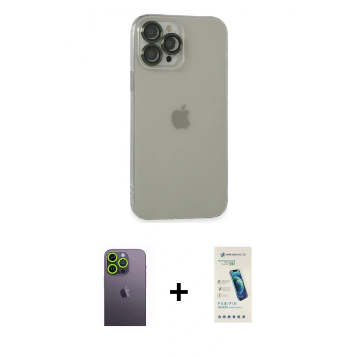 MARSİLYAN™- iPhone 13 Pro Max Kılıf Ufuk Minimal Özel Seri - Şeffaf Pasifik Cam Ekran Koruyucu + Yeşil Neon Fosforlu Kamera Lens