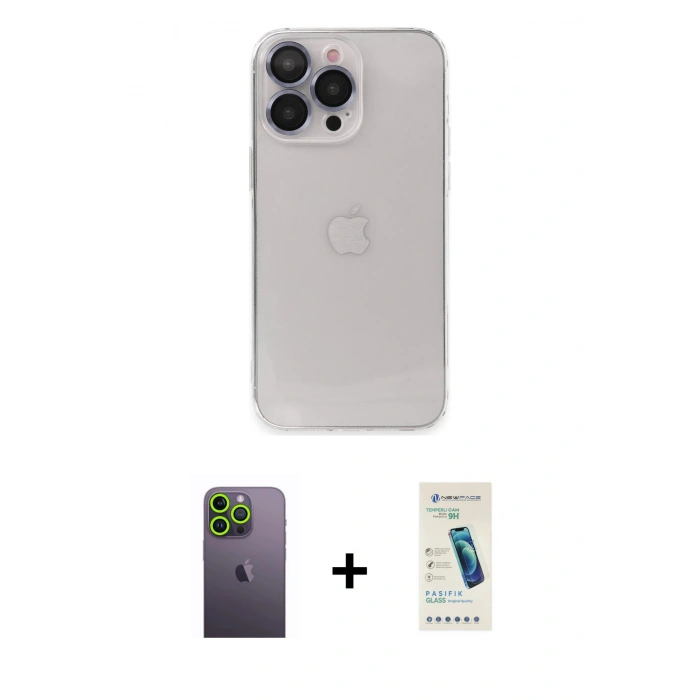 MARSİLYAN™- iPhone 13 Pro Max Kılıf Ufuk Minimal Özel Seri - Şeffaf Pasifik Cam Ekran Koruyucu + Yeşil Neon Fosforlu Kamera Lens