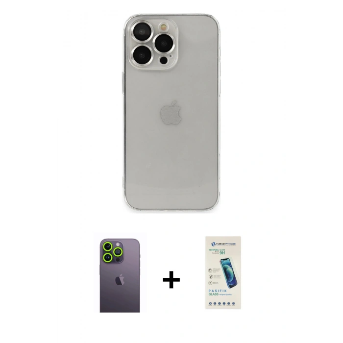 MARSİLYAN™- iPhone 13 Pro Max Kılıf Ufuk Minimal Özel Seri - Şeffaf Pasifik Cam Ekran Koruyucu + Yeşil Neon Fosforlu Kamera Lens