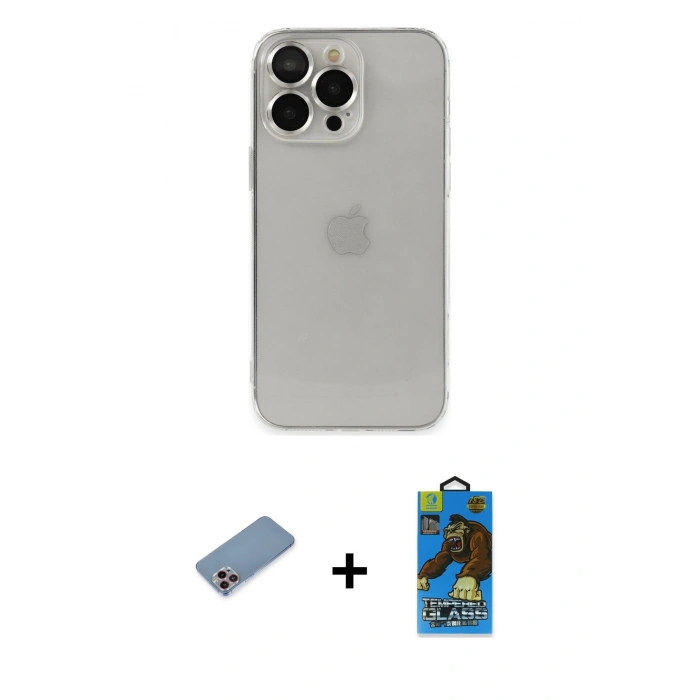 MARSİLYAN™- iPhone 13 Pro Max Kılıf Ufuk Minimal Özel Seri - Siyah 18D Cam Ekran Koruyucu + Shine Kamera Lens Koruma Cam - PE