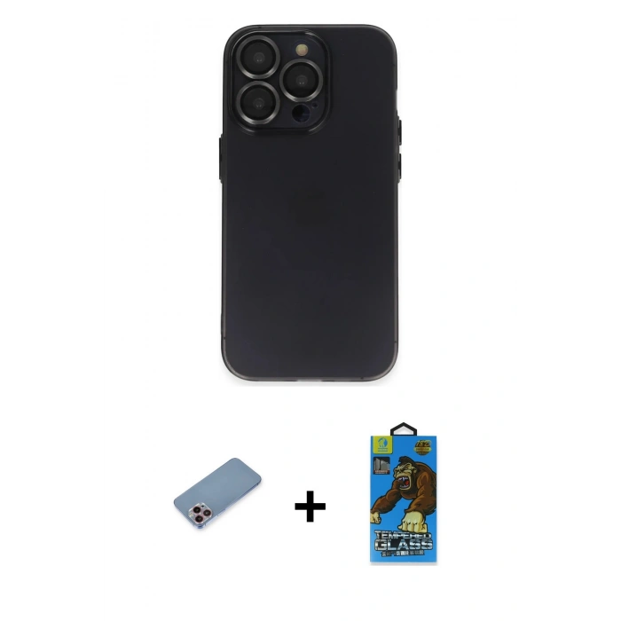 MARSİLYAN™- iPhone 13 Pro Max Kılıf Ufuk Minimal Özel Seri - Siyah 18D Cam Ekran Koruyucu + Shine Kamera Lens Koruma Cam - PE