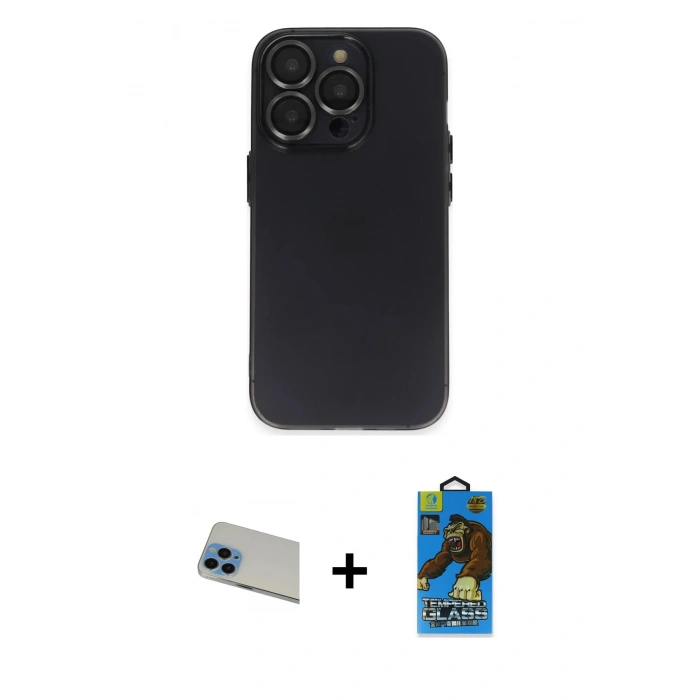MARSİLYAN™- iPhone 13 Pro Max Kılıf Ufuk Minimal Özel Seri - Siyah 18D Cam Ekran Koruyucu + Rainbow Kamera Lens Koruma Cam - MI