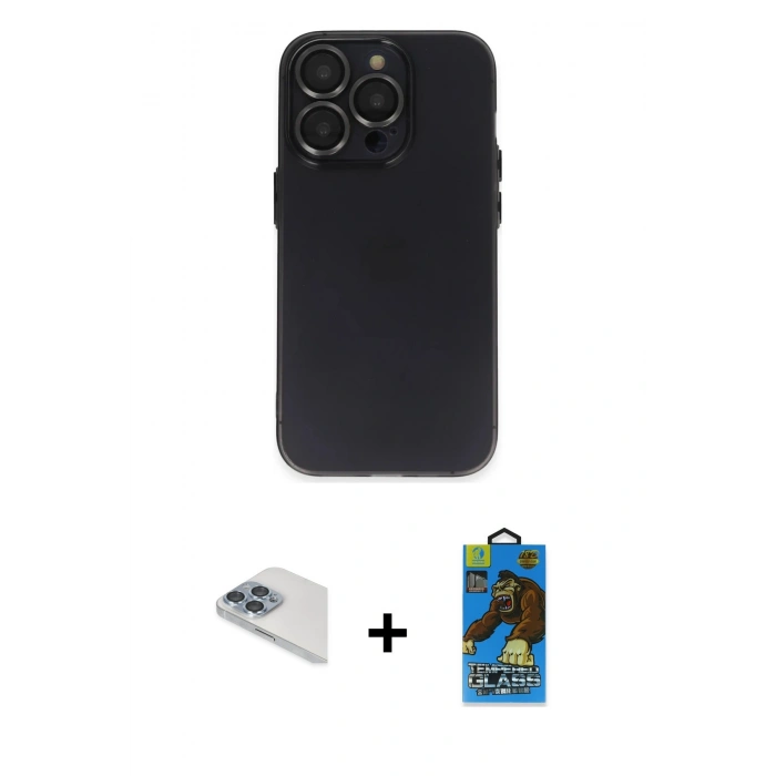 MARSİLYAN™- iPhone 13 Pro Max Kılıf Ufuk Minimal Özel Seri - Siyah 18D Cam Ekran Koruyucu + Pers Alüminyum Kamera Lens - SABE
