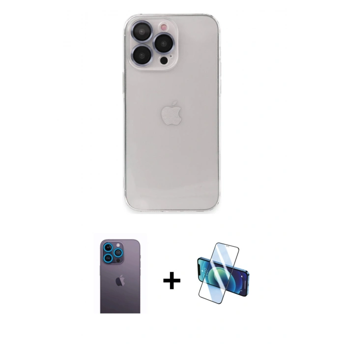 MARSİLYAN™- iPhone 13 Pro Max Kılıf Ufuk Minimal Özel Seri - Siyah 3D Antistatik Cam Ekran Koruyucu + Neon Fosforlu Kamera Lens - MI