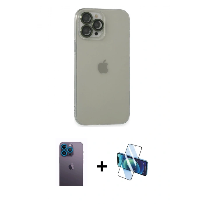 MARSİLYAN™- iPhone 13 Pro Max Kılıf Ufuk Minimal Özel Seri - Siyah 3D Antistatik Cam Ekran Koruyucu + Neon Fosforlu Kamera Lens - MI