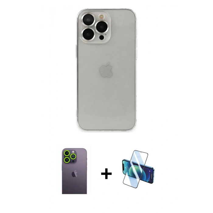 MARSİLYAN™- iPhone 13 Pro Max Kılıf Ufuk Minimal Özel Seri - Siyah 3D Antistatik Cam Ekran Koruyucu + Neon Fosforlu Kamera Lens - YL