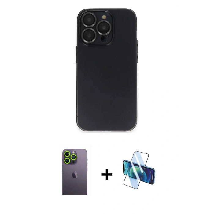 MARSİLYAN™- iPhone 13 Pro Max Kılıf Ufuk Minimal Özel Seri - Siyah 3D Antistatik Cam Ekran Koruyucu + Neon Fosforlu Kamera Lens - YL