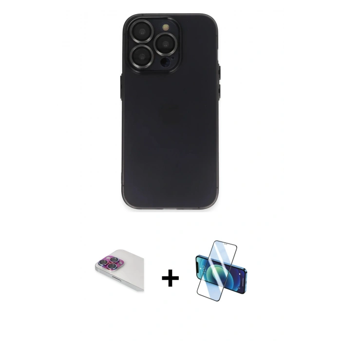 MARSİLYAN™- iPhone 13 Pro Max Kılıf Ufuk Minimal Özel Seri - Siyah 3D Antistatik Cam Ekran Koruyucu + Pers Alüminyum Kamera Lens - GI