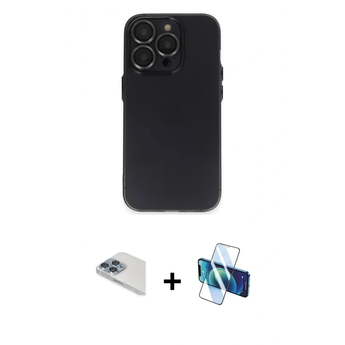 MARSİLYAN™- iPhone 13 Pro Max Kılıf Ufuk Minimal Özel Seri - Siyah 3D Antistatik Cam Ekran Koruyucu + Pers Alüminyum Kamera Lens - SABE