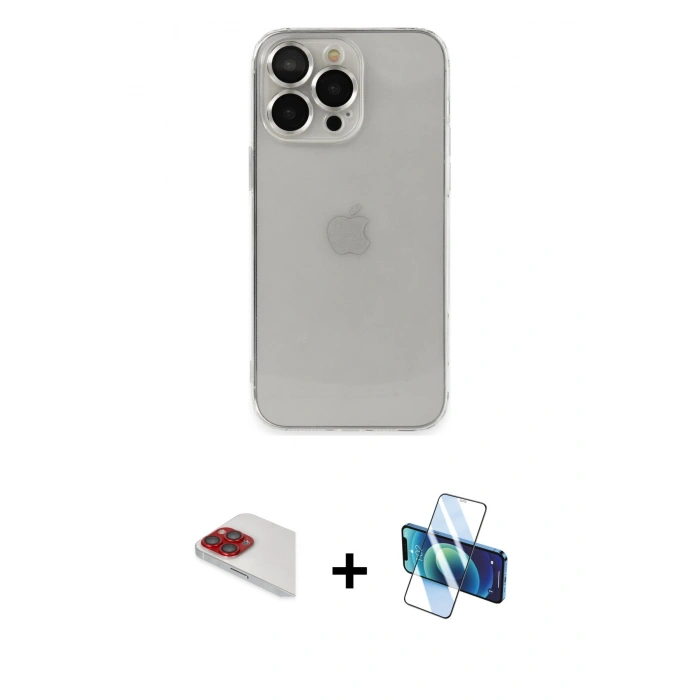 MARSİLYAN™- iPhone 13 Pro Max Kılıf Ufuk Minimal Özel Seri - Siyah 3D Antistatik Cam Ekran Koruyucu + Pers Alüminyum Kamera Lens - KI