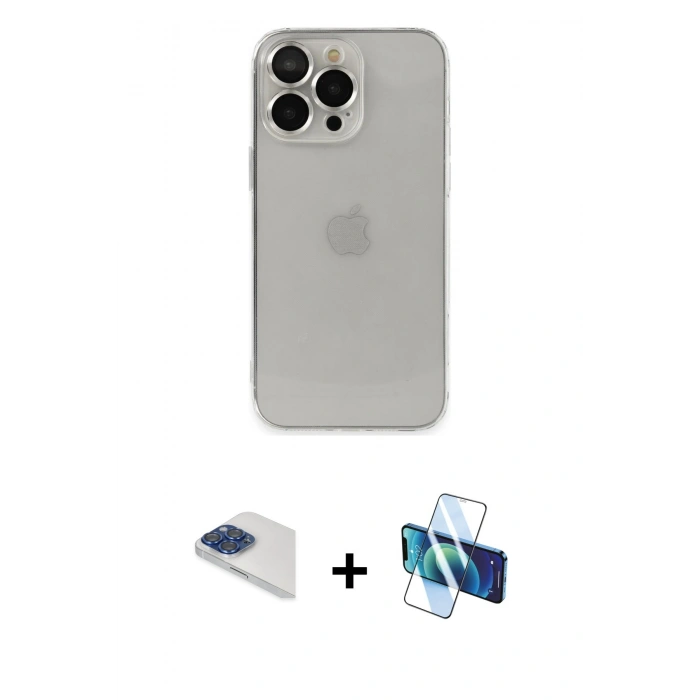 MARSİLYAN™- iPhone 13 Pro Max Kılıf Ufuk Minimal Özel Seri - Siyah 3D Antistatik Cam Ekran Koruyucu + Pers Alüminyum Kamera Lens - LT