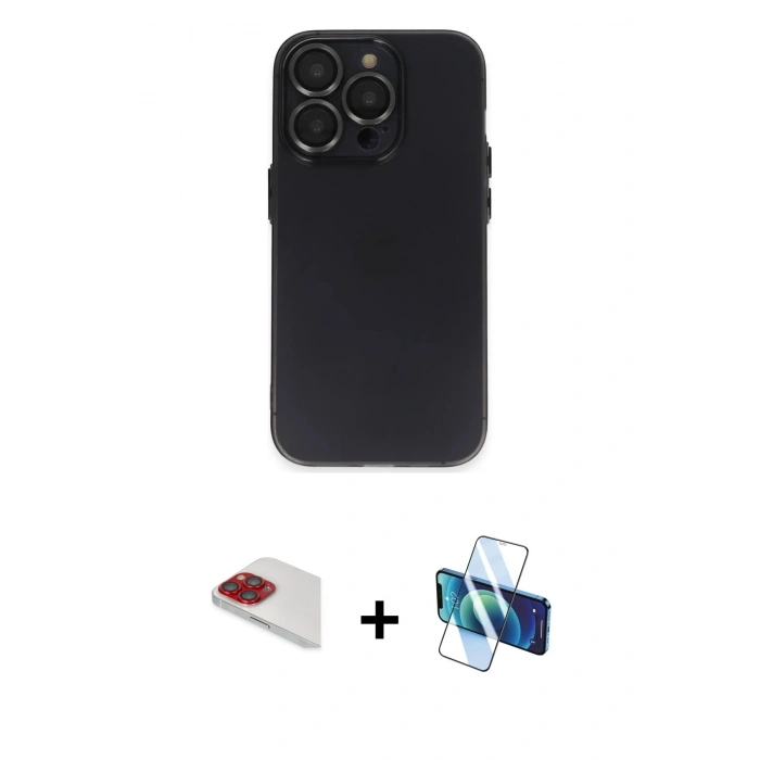 MARSİLYAN™- iPhone 13 Pro Max Kılıf Ufuk Minimal Özel Seri - Siyah 3D Antistatik Cam Ekran Koruyucu + Pers Alüminyum Kamera Lens - KI